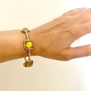 Handcrafted thin Gold bangles with light green/gold rectangle gemstones